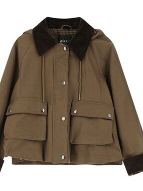 Dixie Short Trench Jacket Camel Brown Corduroy Collar Plaid Lining Size S